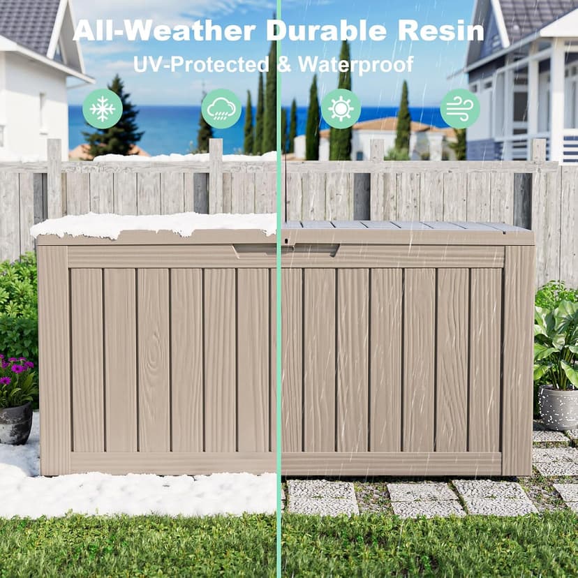 ROJIK Outdoor Storage Housing Deck Box - Waterproof Patio Furniture, Garden Tools, Cushions, Pool Accessories Storage Bench with Lockable Lid and Side Handles (Grey 75 Gal)