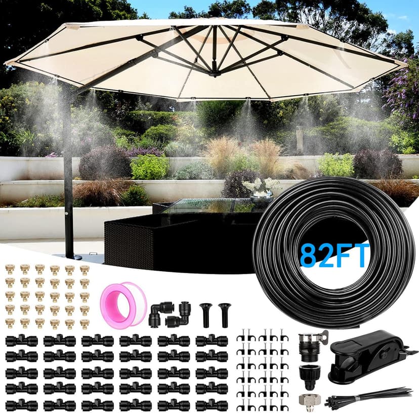 Misting Cooling System, 82FT (25M) Misting Line + 30 Brass Mist Nozzles + Brass Adapter(3/4") for Patio Garden Greenhouse