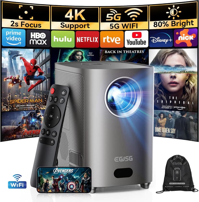 [One-Button Focus] Projector with WiFi and Bluetooth, 4K Outdoor Projector with Carry Bag, Portable Movie Projector with Zoom Function, Home Theater Projector for Phone/TV Stick/PC