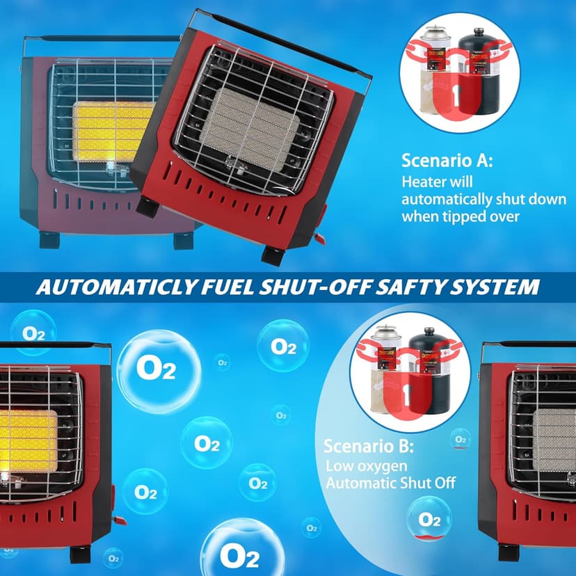 Dual Fuel Portable Outdoor Heater with self ignition, Fuel by Butane/Propane, 9000BTU, Tip-over|Low-Oxygen Safety Shutoff, Portable Camping Heater for Tents, Patio,Camping,Hiking,RV,Hunting