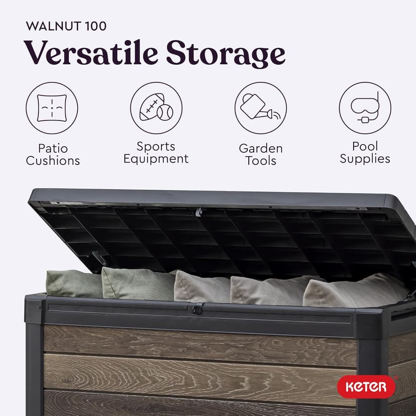 Keter Signature Collection 100 Gallon Resin Deck Box Organization and Storage Box for Patio Outdoor Cushions, Throw Pillows, Garden Tools and Pool Supplies, Walnut