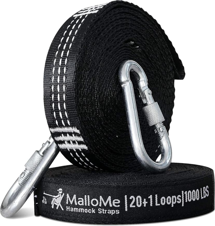 MalloMe XL Hammock Straps for Trees - Hammock Tree Straps Set 2000+ LBS Heavy Duty 40 Loops & 100% No Stretch Suspension System Kit - Camping Hammocks Accessories | 2 Carabiners | 12 Feet Black