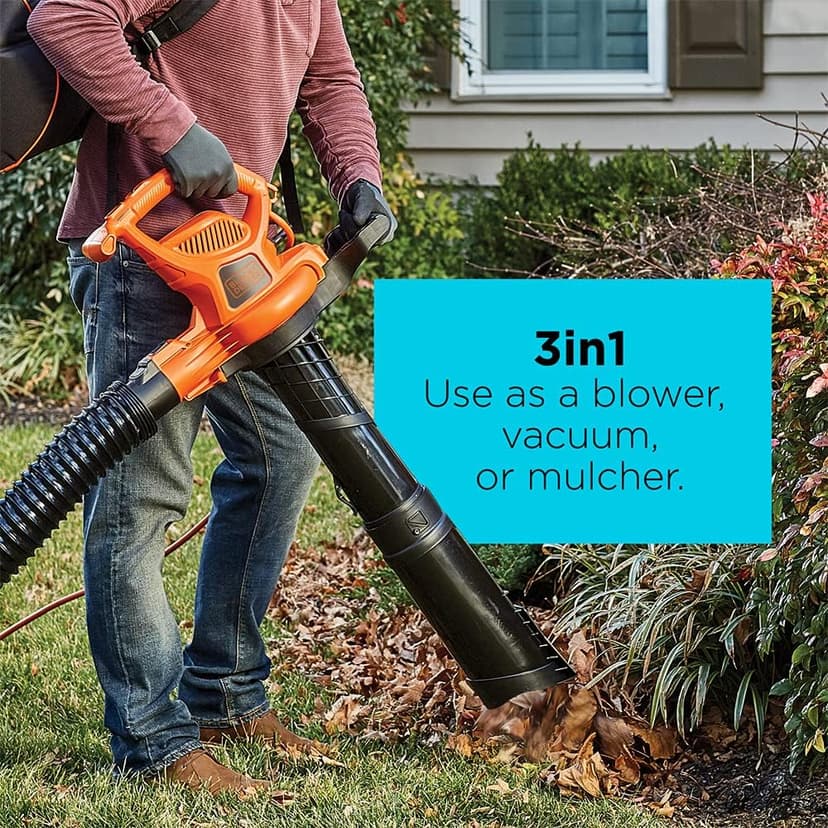 BLACK+DECKER Electric Leaf Blower, Leaf Vacuum and Mulcher 3 in 1, 250 mph Airflow, 400 cfm Delivery Power, Reusable Bag Included, Corded (BEBL7000)