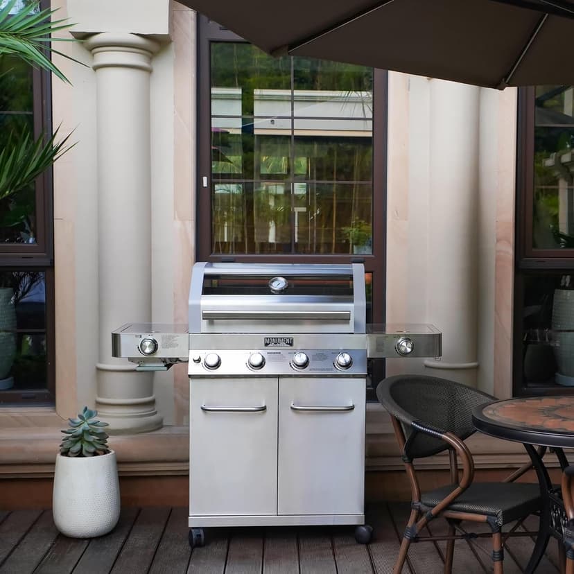 Monument Grills Larger 4-Burner Propane Gas Grills Stainless Steel Cabinet Style with Clearview® Lid, Knob Controls, Built-In Thermometer, Infrared Side Sear Burners & Side Burners