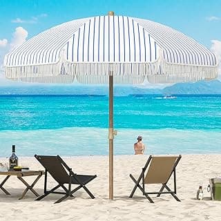 Aoxun 7ft Patio Umbrella with Fringe Outdoor UV 50+ Protection Picnic Umbrella with Aluminum Pole, Ribs Push Button Tilt and Carry Bag