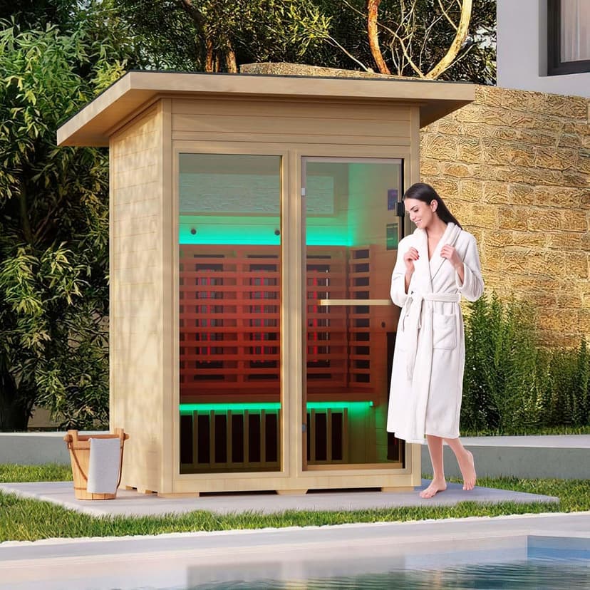 Infrared Sauna, Full-Spectrum Infrared Outdoor Saunas for Home - Dry Heat Sauna, Wooden Sauna Room with Beauty Lamp (Outdoor Sauna 2 Person)