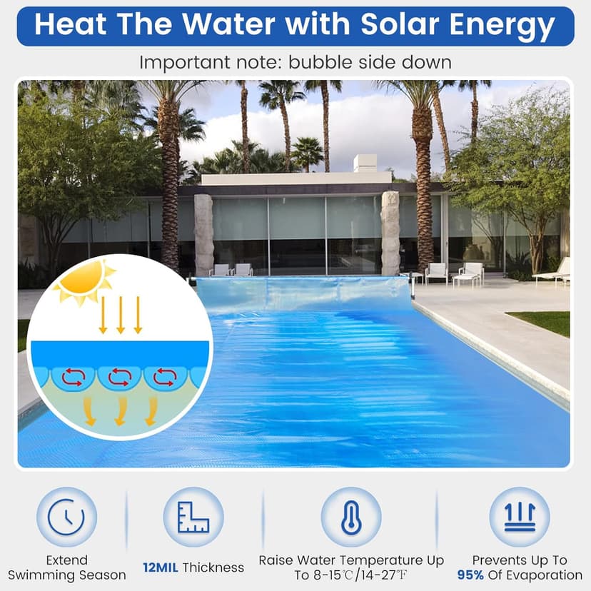 Goplus Pool Cover, 16 x 32 FT Solar Blanket with Carrying Bag for In-Ground and Above-Ground Swimming Pools, Rectangle Hot Tub SPA Thermal Blanket, Blue Bubble