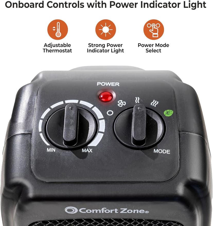 Comfort Zone CZ442E Personal Energy Save Ceramic Heater - 1500W Portable with Adjustable Thermostat, Tip-Over Switch & Overheat Protection, Black