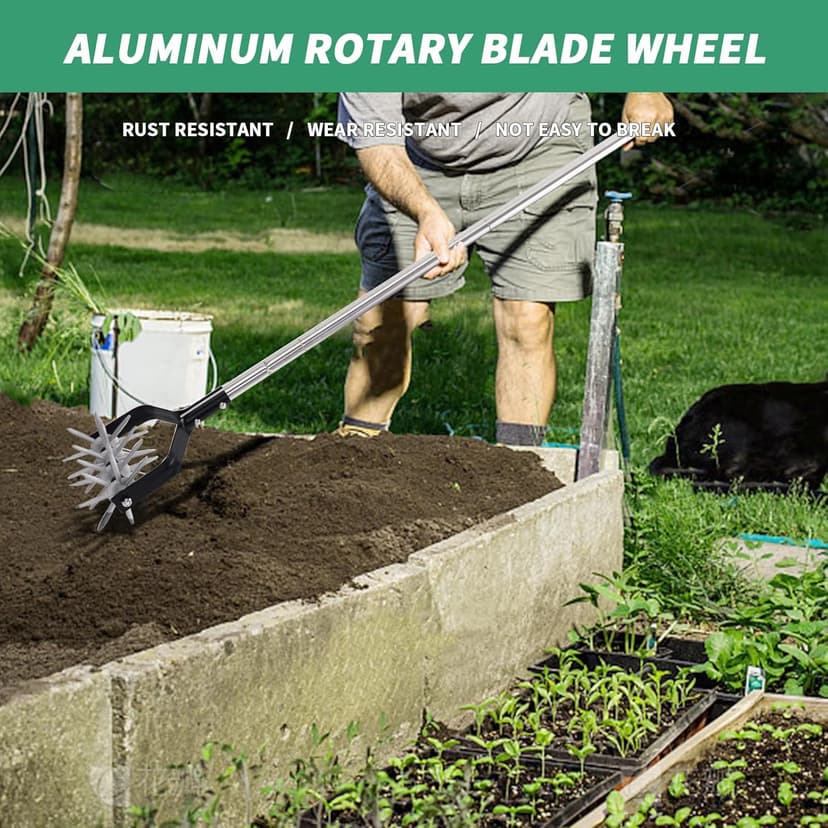 Rotary Garden Tool, Adjustable Hand Tiller, Long Handle Cultivator for Aerating, Weeding, Planting and Mixing Soil or Reseeding Grass
