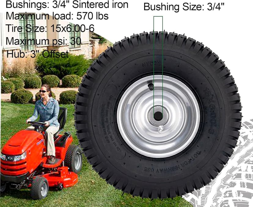 15x6.00-6 Lawn Mower Tire and Wheel Front Tire Compatible with John Deere Craftsman Husqvarna Riding Mowers Lawn Tractors