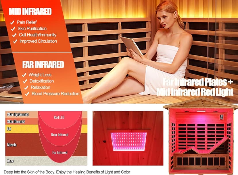 Outdoor Sauna 3 Person Infrared Sauna, Infrared Saunas for Home, 1950W Low EMF Far Infrared Sauna Old Fir Wooden Sauna with Beauty Red Light, Foldable Seat, Bluetooth, Chromotherapy Lamp, Reading Lamp
