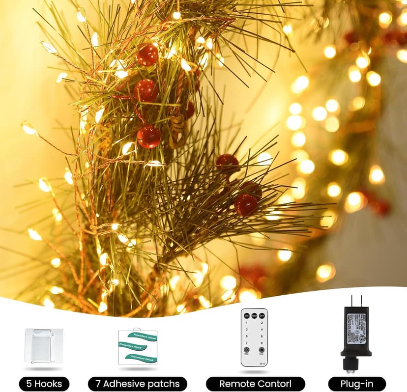 Dailyart Fairy Lights Plug in, 200 Led Twinkle String Light with Remote 10Ft 8 Modes Warm Cluster Lights with Timer for Bedroom Wreath Party Window Wedding Christmas Tree Decoration Gold Wire