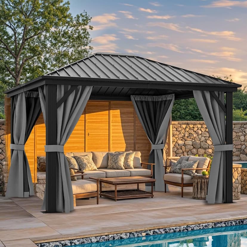 YITAHOME 10X12FT Hardtop Metal Gazebo Outdoor Patio Single Top Canopy Galvanized Iron Aluminum Column Garden Tent Curtains Netting for Backyards Decks Lawns,Gray