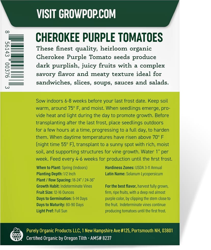 Purely Organic Tomato Seeds (Cherokee Purple) - Approx 75 Seeds - Certified Organic, Non-GMO, Open Pollinated, Heirloom, USA Origin