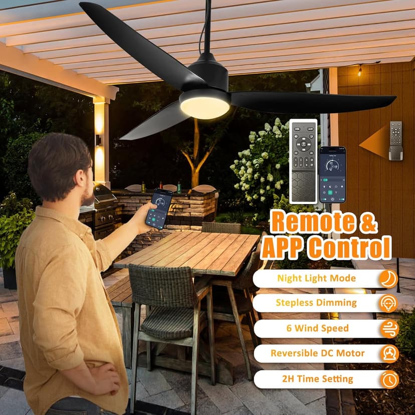 Depuley Outdoor Ceiling Fan with Light: 52 Inch Gazebo Fan Outdoor Hanging - Plug in Ceiling Fan for Patio Waterproof - Dimmable Ceiling Fan Remote App Control Black