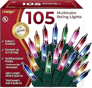 Warm Multi Color Christmas Lights - 20 ft String of 105 Incandescent Mini Bulbs Multifunctional Lighting Modes, for Decorative, Bedroom, Outdoor, Xmas Twinkle Tree Lights with Green Wire Total 21.6 ft
