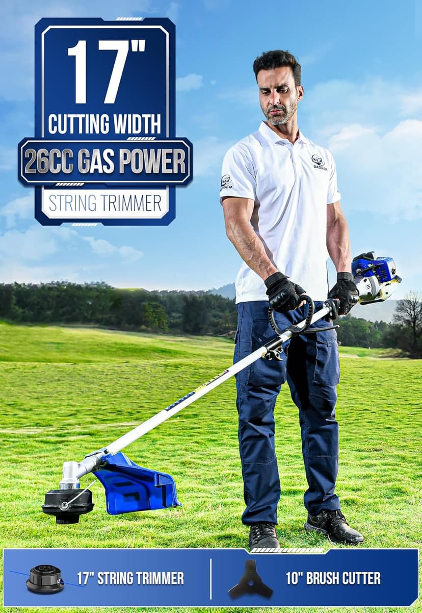 26cc Weed Wacker Gas Powered, 3 in 1 String Trimmer/Edger 17'' with 10'' Brush Cutter,Rubber Handle & Shoulder Strap Included