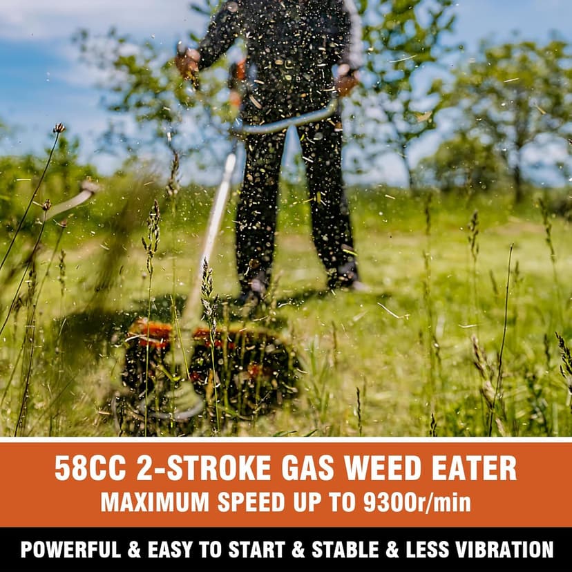 58CC Weed Wacker Gas Powered, 2-Cycle 4 in 1 Gas Weed Eater Brush Cutter with 4 Detachable Heads 18.5" Cutting Path Cordless String Trimmer Grass Cutter Machine for Lawn, Garden Care, Orange
