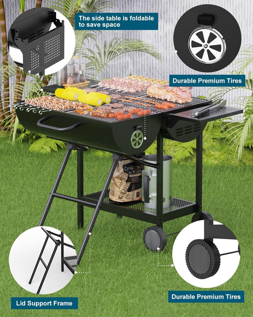 Extra Large Charcoal BBQ Grill, 918 Square Inches Cooking Space, Outdoor Barbecue Grill with 2 Foldable Side Tables for Outdoor Backyard Patio Picnic Parties Camping, Black