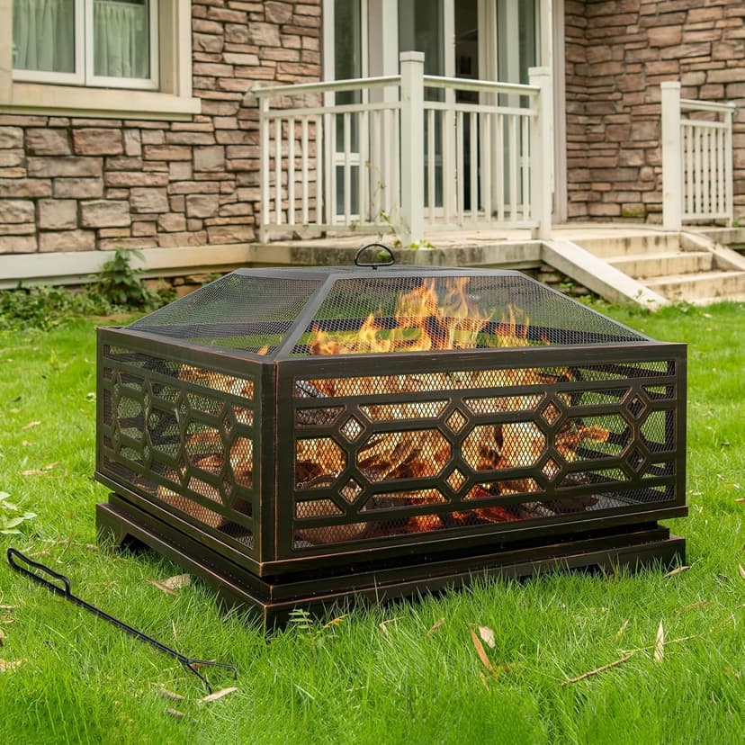 Outdoor Fire Pit, 32 Inch Wood Burning Firepit for Outside with Mesh Cover & Fire Poker, Large Extra Deep Square Metal Fireplace for Patio, Backyard, Camping, Bonfire Party