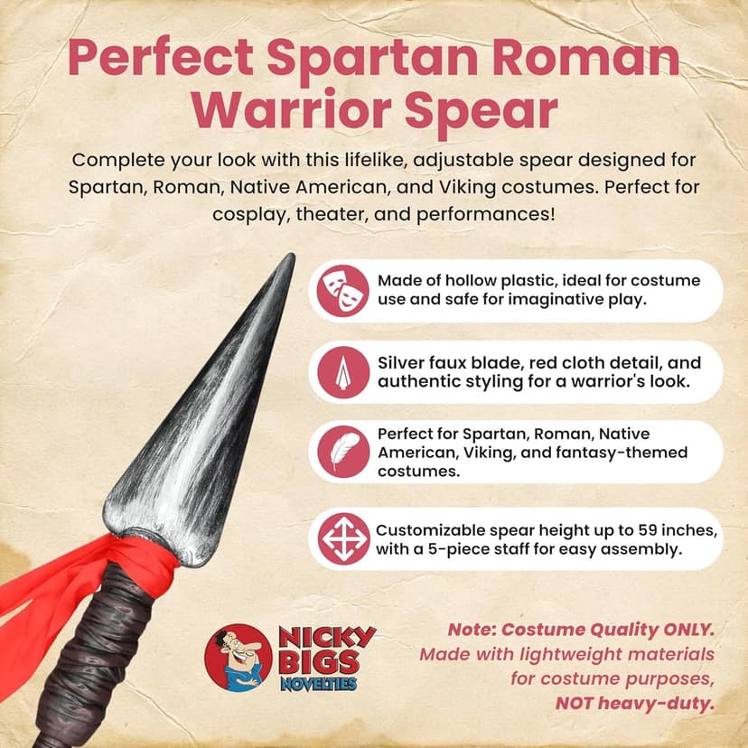 Nicky Bigs Novelties - Adult Plastic Spartan Spear, Roman Replica, Viking Spear Costume, Native American Weapons Roman Gladiator Woman and Men Spartan Halloween Costume