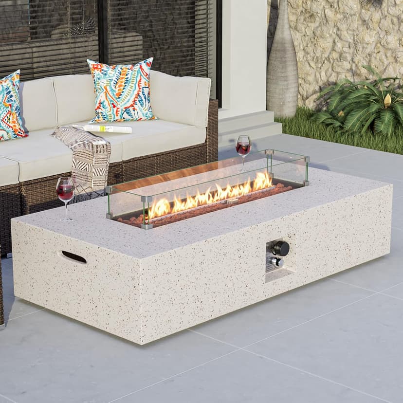 COSIEST Outdoor Propane Fire Pit Table 56" x 28" Rectangle Beige Compact Concrete-Like Finish, CSA Certified, 50,000 BTU,Wind Guard, Tank Outside, Free Lava Rocks, Fits 20lb Tank Outside, Raincover