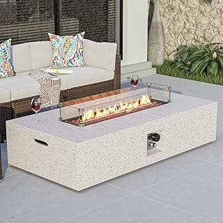 COSIEST Outdoor Propane Fire Pit Table 56" x 28" Rectangle Beige Compact Concrete-Like Finish, CSA Certified, 50,000 BTU,Wind Guard, Tank Outside, Free Lava Rocks, Fits 20lb Tank Outside, Raincover