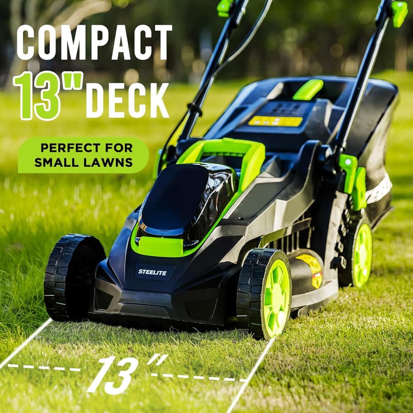 Steelite 13.2” Electric Lawn Mower for Small Yards - 2-in-1 Compact, Lightweight Brushless Motor, 21V 4.0Ah Battery & Charger Included, Green