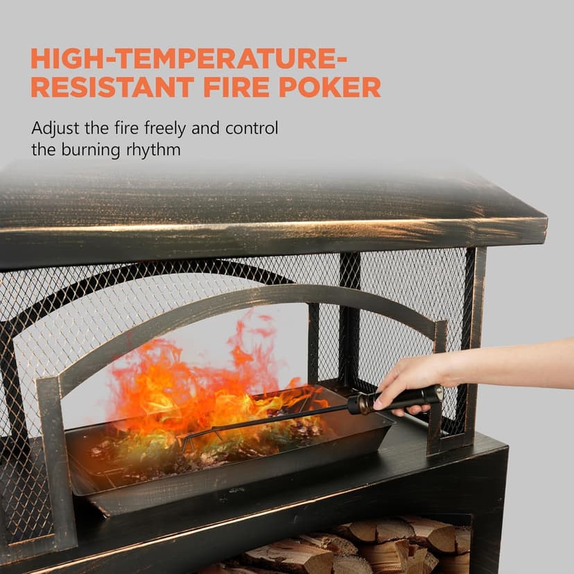 Red Mountain Valley 37" Fire Pits with Wood Storage for Outside, Large Wood Burning Outdoor Fireplace with Chimney, Mesh Spark Screen & Fire Poker, Idea for Backyard, Patio, Party, Camping, Picnic