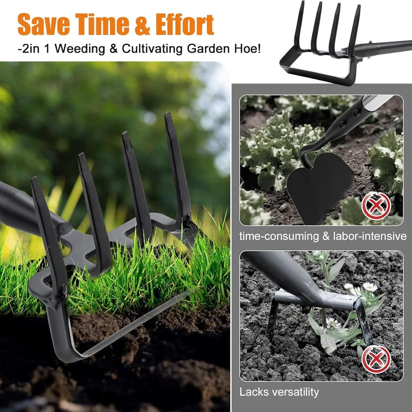Garden Hoe Tool - Heavy Duty 2 in 1 Hula Scuffle Hoes with Cultivator Tiller for Weeding Grass,Loosening Soil,Sharp Blade,36-60” Long Handle,Push Pull Action Hoe with Scraper Rake for Gardening