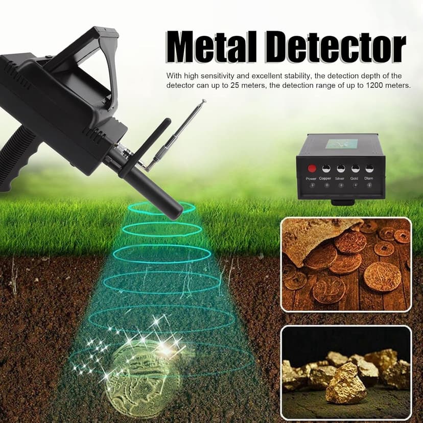 Metal Detector, 1200M Range 25M Depth Professional Underground Metal Scanner High Accuracy Gold Silver Copper Diamond Locator with 2 Antenna and Headphones for Treasure Hunting (Black)