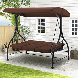 U-MAX Porch Swing Chair with Adjustable Backrest&Canopy, 3 Seat Patio Swing with Canopy 2-in-1 Convertible Outdoor Swing with Canopy Patio Daybed with Removable Brown Cushions for Adults
