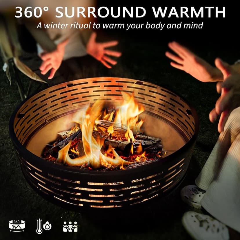 3-in-1 Fire Pit with Grill & Lid, 23" Outdoor Fire Pit Table, Cast Iron Wood Burning Firepit, Heavy Duty Fire Bowl for Outside Patio, Backyard Fireplaces, Large BBQ Pit Table with Fire Poker