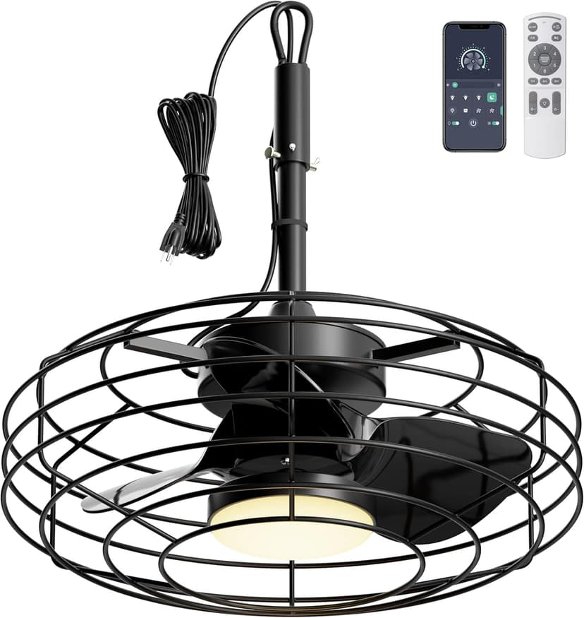 Outdoor Ceiling Fans with Light for Patios, 20'' Wet Rated Gazebo Fan Remote&APP Control, Dimmable Hanging Fan with Plug in Cord for Pergola, Black
