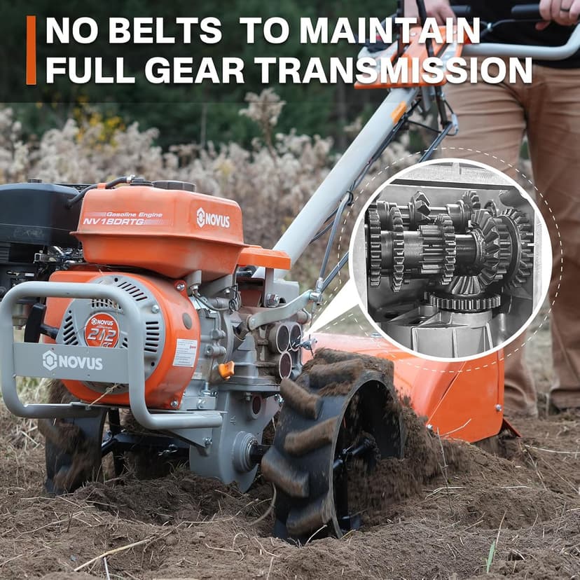 NOVUS18-Inch 212cc Dual Direction Rear Tine Tiller, Full Gear Transmission, Dual Rotating Tines, Airless Tires, Gas Tiller for Gardenig, Garden tillers Gas Powered