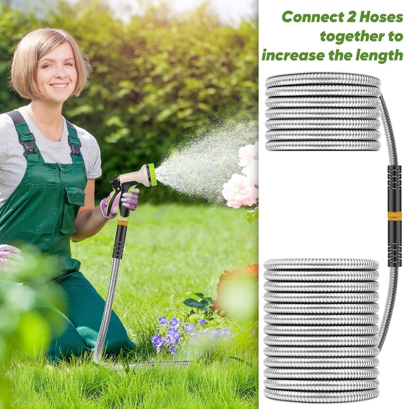 Garden Hose 50 ft, Stainless Steel Water Hose with 10 Function Nozzle Flexible, Heavy Duty, Lightweight, No-Kink, Pet Proof, Puncture Proof Hose Metal for Yard, Outdoor