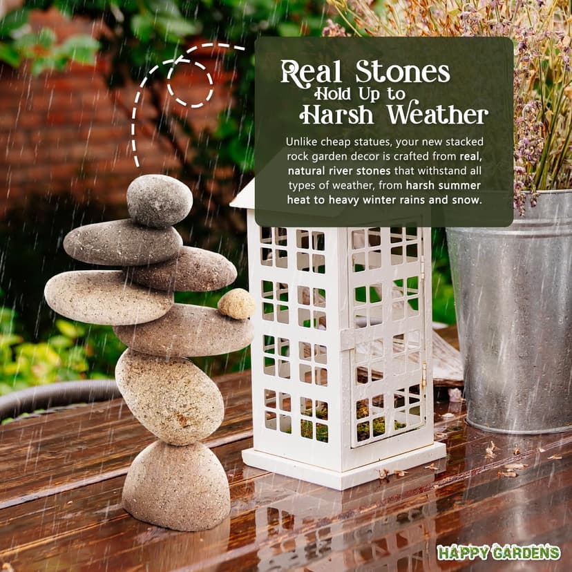 Happy Gardens Zen Stacked Rocks Sculpture | Cairn Statue Balancing Rock Stone Decor for Japanese Garden | Stacking Pebbles