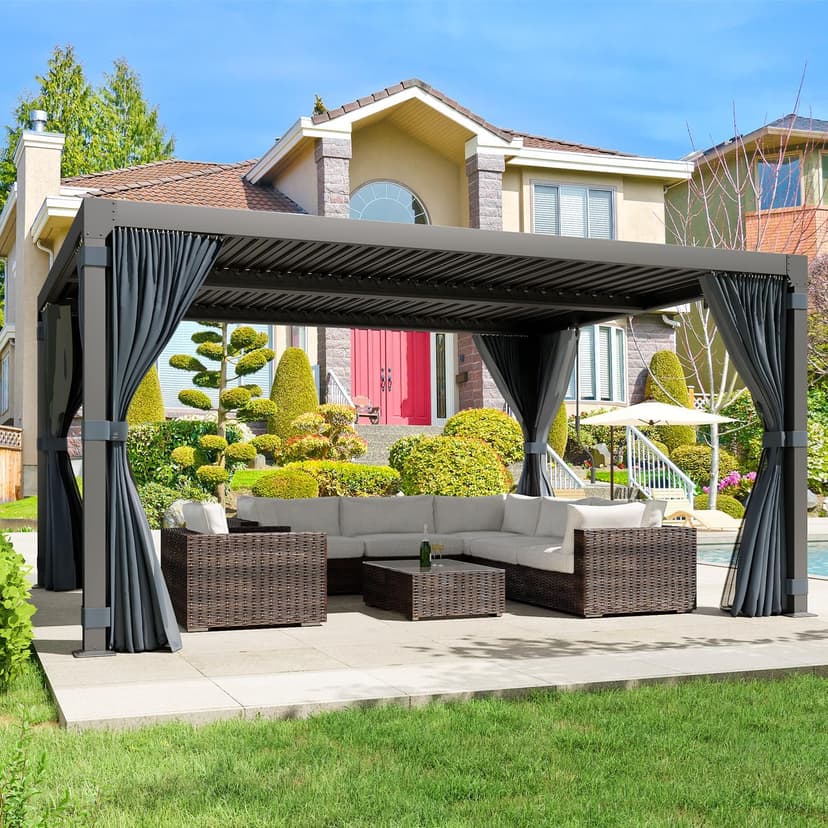 Louvered Pergola 10x12ft, Adjustable Aluminum Pergola with Waterproof Curtains and Nets, Sun & Rain Shade for Patio, Modern DIY Outdoor Living Upgrade, Dark Grey