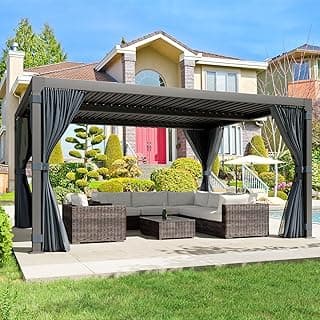 Louvered Pergola 10x12ft, Adjustable Aluminum Pergola with Waterproof Curtains and Nets, Sun & Rain Shade for Patio, Modern DIY Outdoor Living Upgrade, Dark Grey