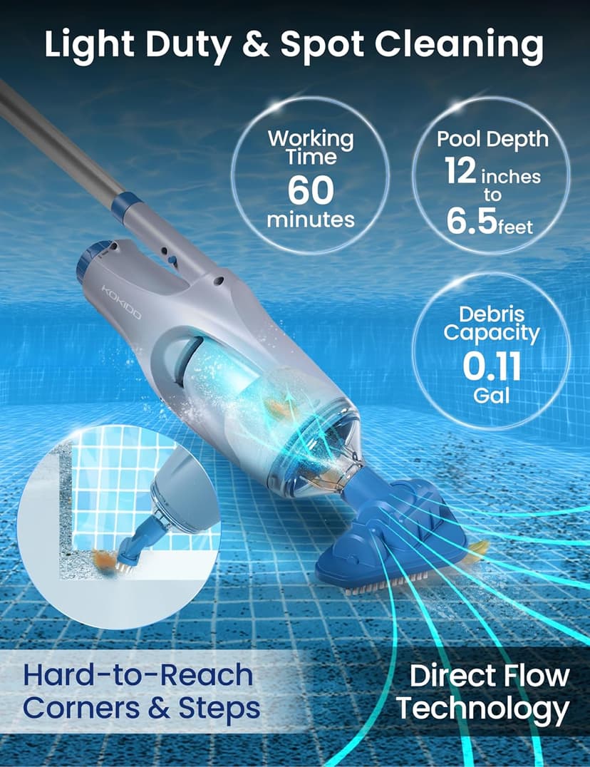 KOKIDO (2025 Upgrade) Rechargeable Handheld Pool Vacuum with Dual Brush Heads and Aluminum Pole, 60 mins Cordless Spot Cleaning Suction, Above Ground Pool, Hot Tub, Spa and Pools to 20ft, XTROVAC 110