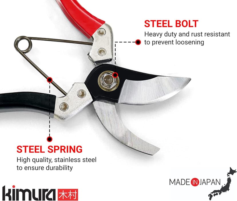 Kimura® 8" Samurai Garden Pruning Shears, [Made in Japan], Heavy Duty Premium Japanese Yasugi Steel Blades, Non-Slip Vinyl Coated Handles, Ergonomic, Japanese Bypass Pruning Shears