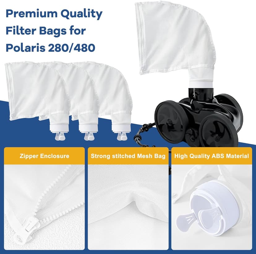 Pool Cleaner Bags, 4 Pack Pool Sweep Bag, Nylon Mesh Pool Vacuum Bag Replacement, All Purpose Bag with Zipper Enclosure, Pool Spa Part Fits Polaris 280, 480, Durable Filter Bag for K13, K16