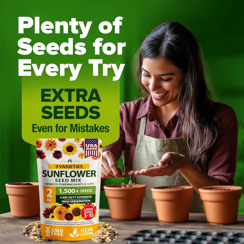 HOME GROWN Sunflower Seeds Mix Pack 1,500+ Colorful Varieties of Sunflower Seeds to Plant - 2-10ft Tall Plants, Pollinator Friendly 𝗡𝗢𝗡-𝗚𝗠𝗢 𝗨𝗦𝗔 – Easy to Grow, High Germination