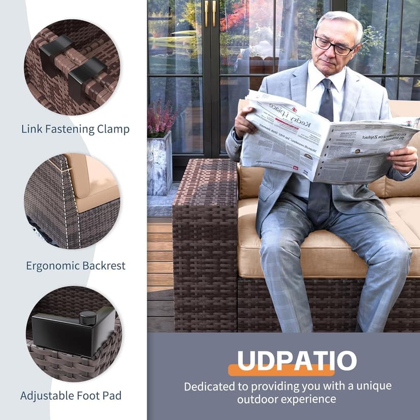 UDPATIO 7 Piece Patio Furniture Set with Fire Pit Table, 8''Wide Armrest Modular Rattan Outdoor Sectional Sofa Set,Wicker Patio Conversation Sets for Backyard,Deck w/ 4'' Cushions,Cover(Brown/Khaki)