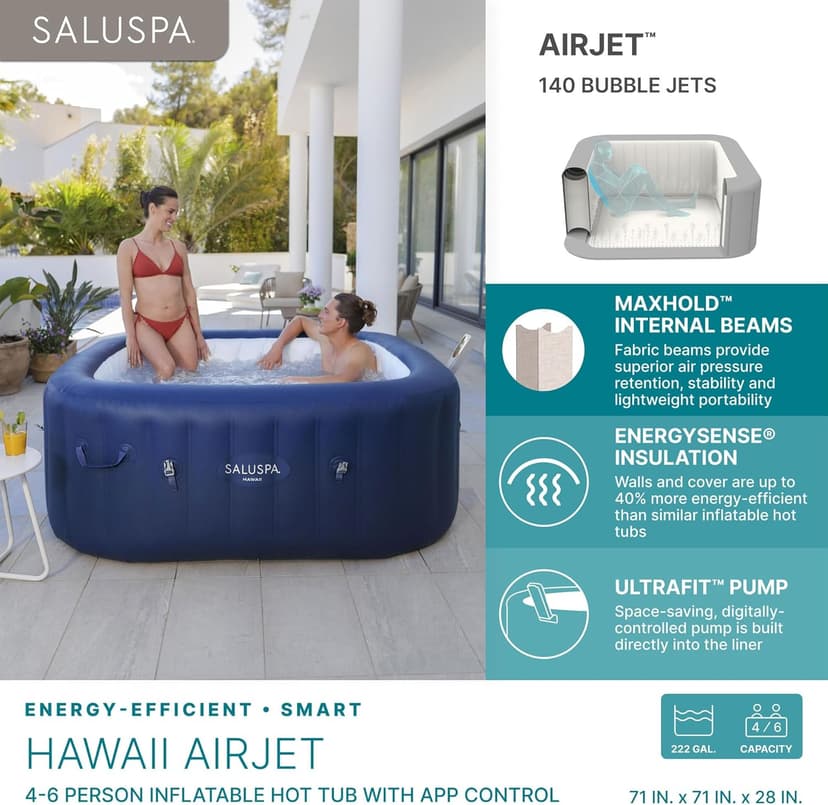 Bestway SaluSpa Hawaii Smart AirJet Inflatable Hot Tub Square Portable 4 to 6 Person Spa with 140 AirJets, App Control and EnergySense Cover, Blue
