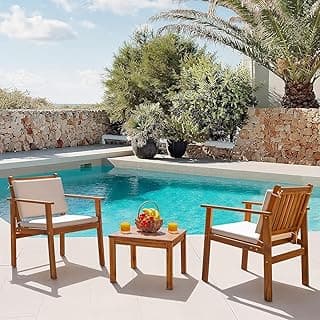 Devoko Patio Set 3 Piece Acacia Wood Outdoor Furniture Conversation Seat with Table & Cushions Porch Chairs for Balcony, Deck, Backyard