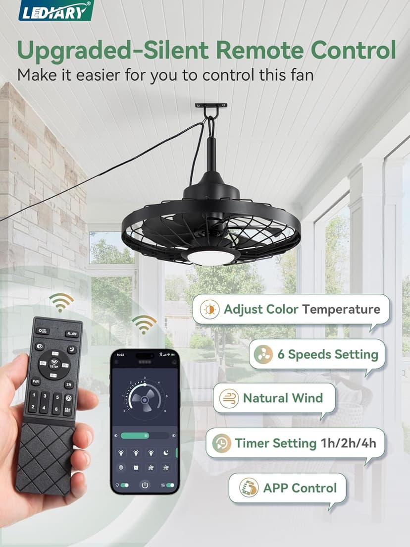 LEDIARY 20" Outdoor Ceiling Fan with Lights,IP65 Waterproof Gazebo Hanging Fan with Remote Control Smart App, Plug in Caged Ceiling Fan with 3CCT 6-Speeds for Patio Porch Pergola(Black)