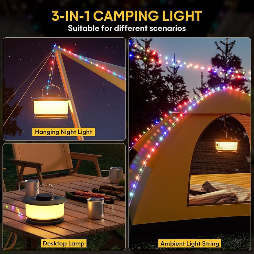HOKONE Camping String Lights, 32.8FT 22 Lighting Modes Waterproof Rechargeable Quick Storage Portable Tent Lights Perfect for Spring Night Camping, Outdoor, Indoor, Party, Patio, Garden, Holiday Decor