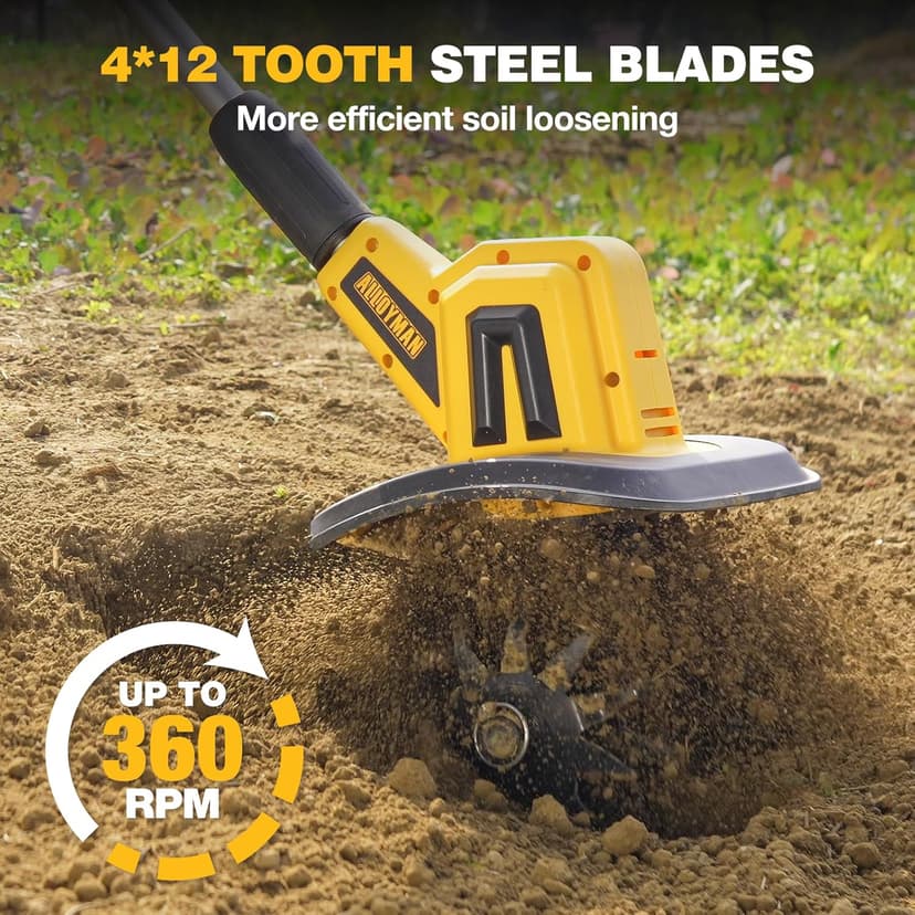 Alloyman 20V Cordless Tiller Cultivator, 360RPM Electric Garden Tiller, with 2 * 2.0Ah Batteries & Charger, 9In Tilling Width and 6.6In Depth Garden Rototiller for Lawn/Gardening/Soil Cultivation