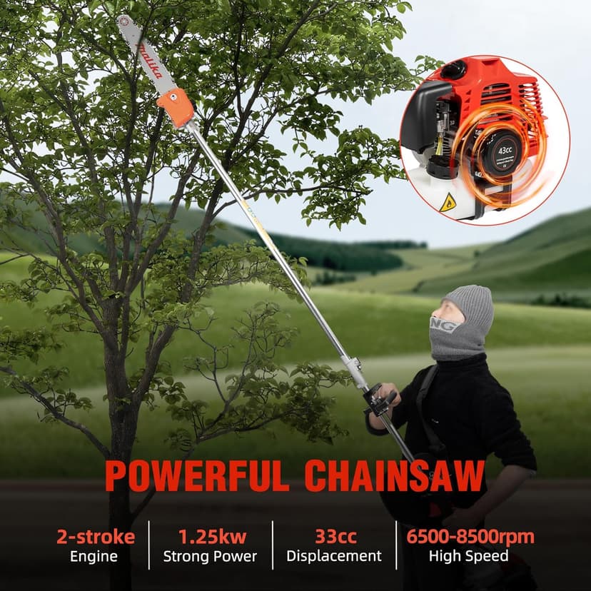42.7CC Gas Powered Pole Saws 2-Stroke Gas Pole Saws For Tree Trimming with Single-Cylinder and Air-Cooled, Pole Chainsaw Suitable for Pruning Branches and Leaves in Orchards and Urban Greenery